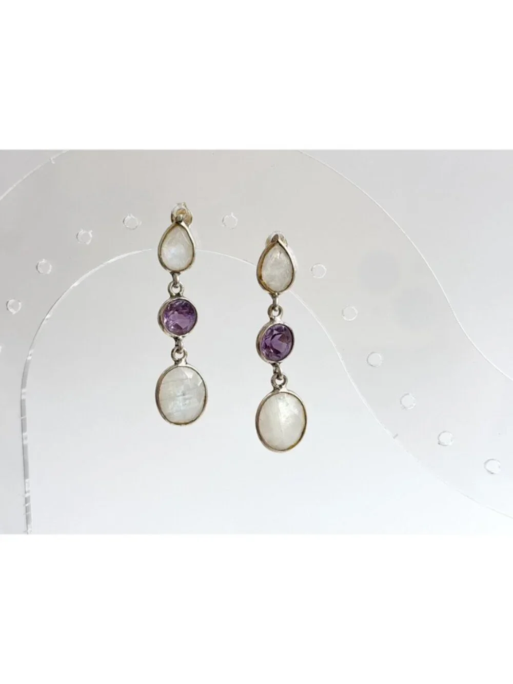 Moonstone & Amethyst Multi Gemstone Vintage Sterling Silver 925 Dangle Earrings